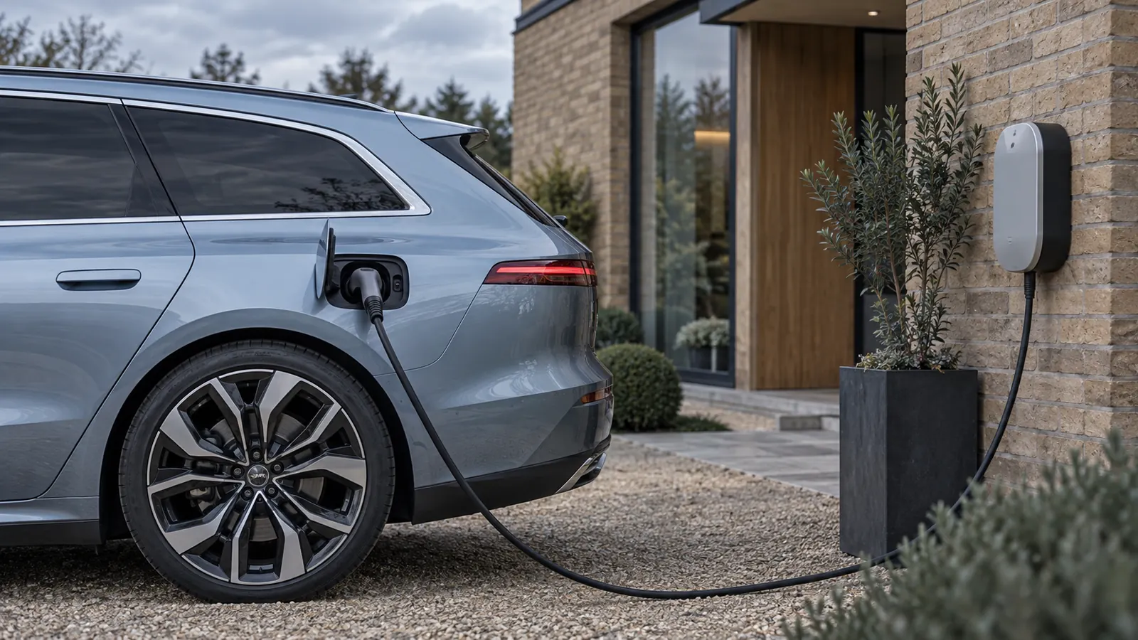 AI illustration of a silver electric car at a home chargepoint