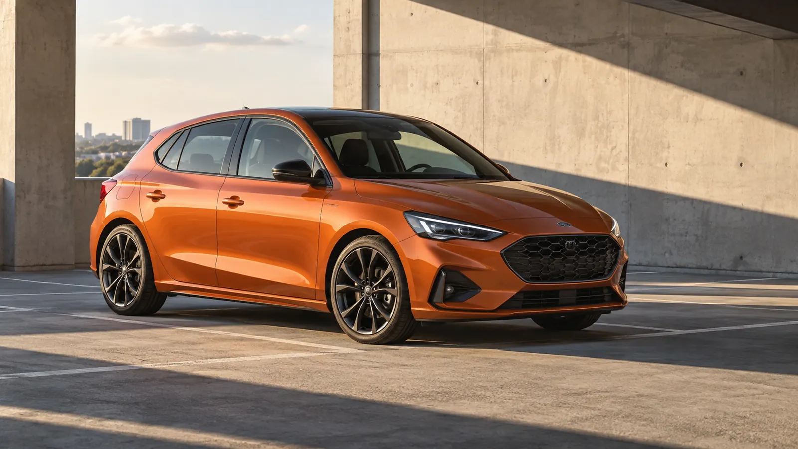 AI illustration of an orange hatchback in an architectural setting