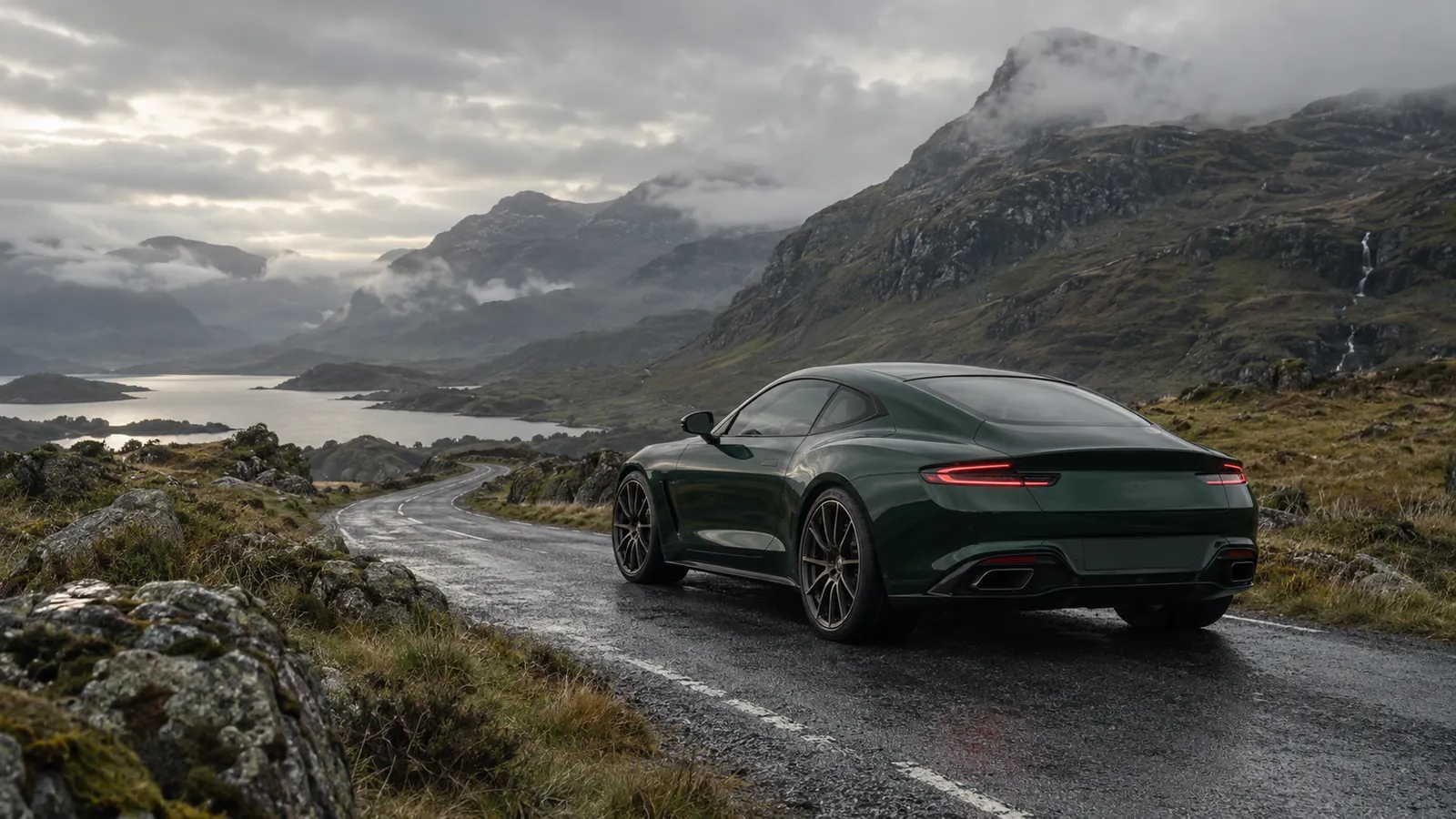 AI illustration of a green touring car on a Highland road